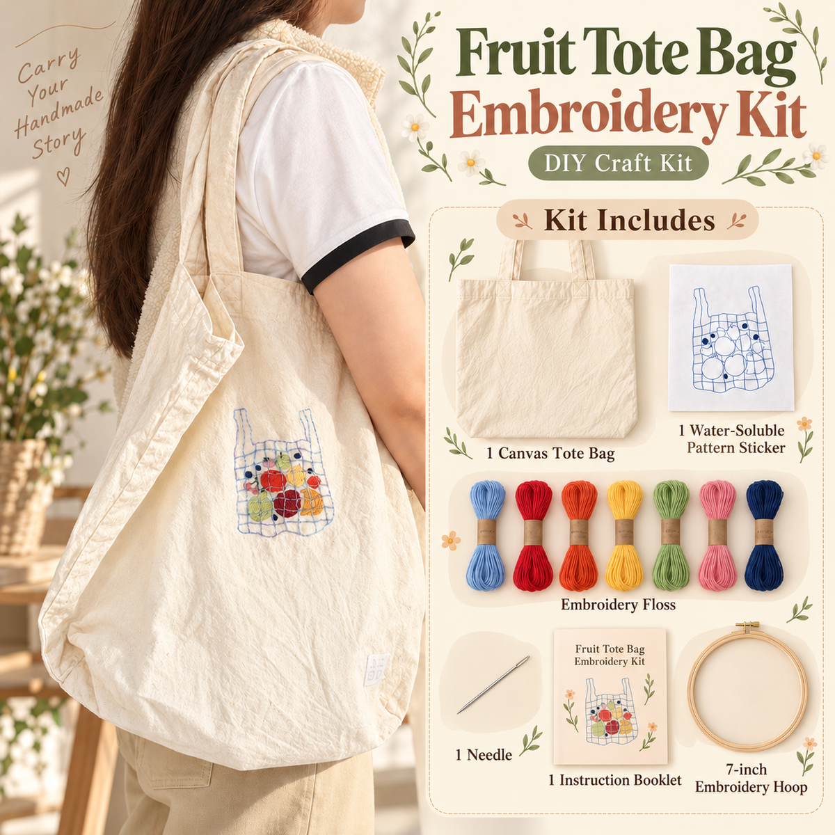 Fruit Tote Bag Embroidery Kit, DIY Embroidery Kit for Beginners, Canvas Bag Craft Kit, Hand Embroidery Gift for Her