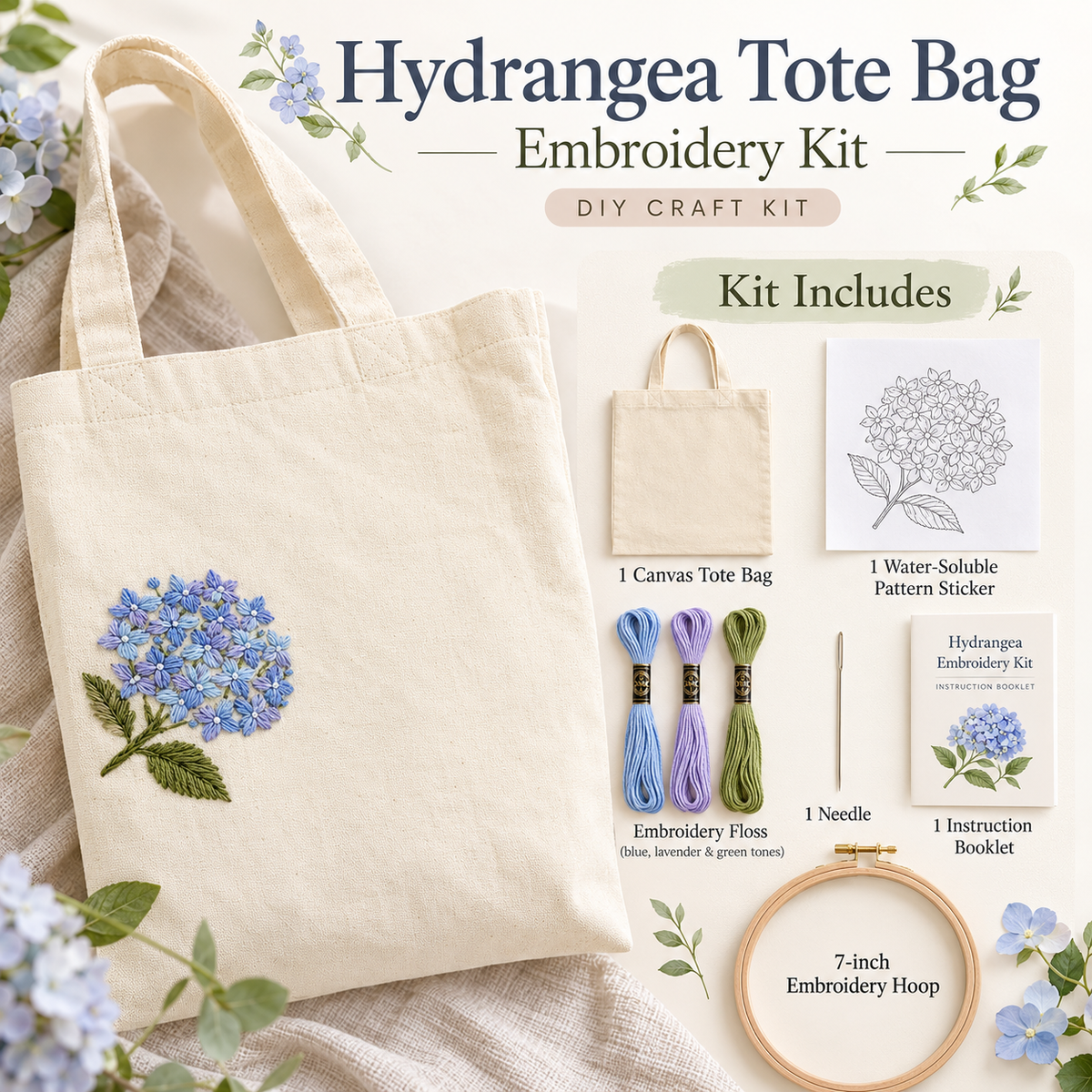 Hydrangea Tote Bag Embroidery Kit, DIY Floral Embroidery Kit for Beginners, Canvas Bag Craft Kit, Handmade Gift for Her