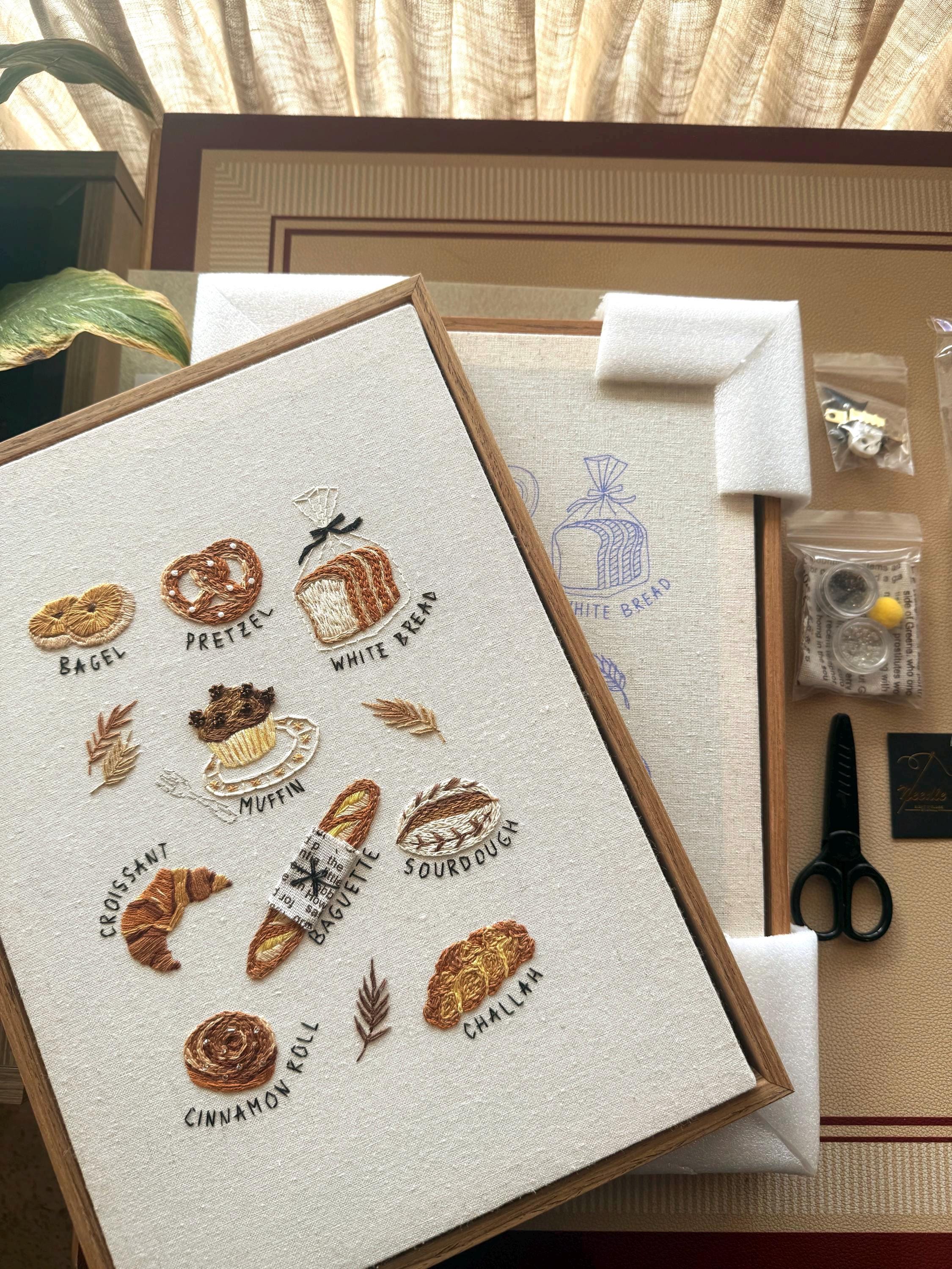 Beginner friendly Morning Bakery Embroidery Kitwith Video tutorial :( croissant pretzels bagel baguette bread)