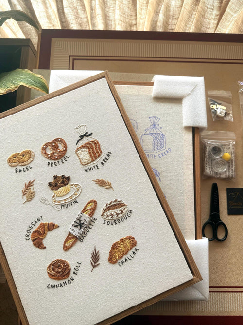 Beginner friendly Morning Bakery Embroidery Kitwith Video tutorial :( croissant pretzels bagel baguette bread)