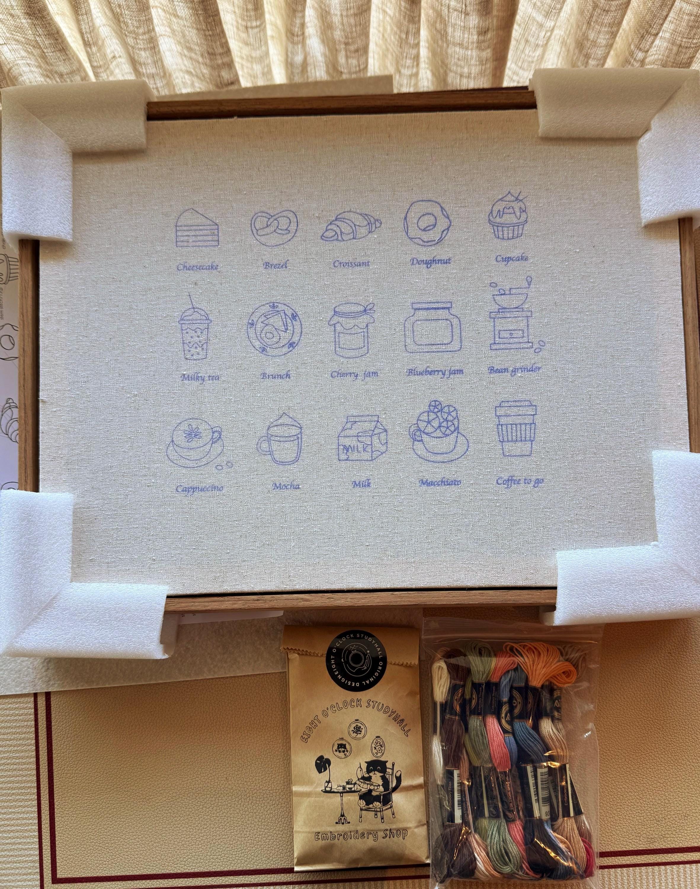 Embroidery Kit: Beginner Friendly Afternoon Pastries, Coffee, Jams (Includes Frame)