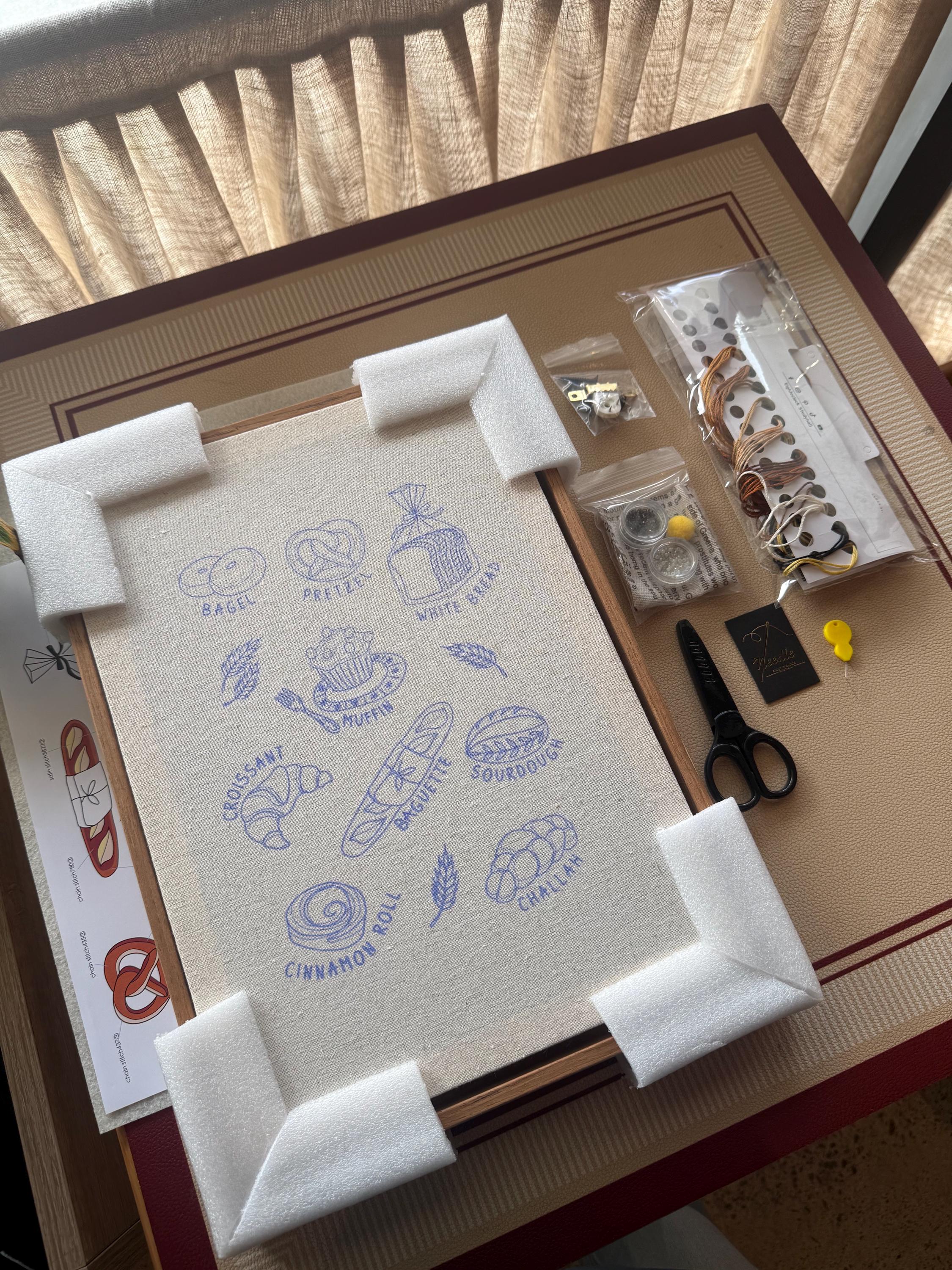 Beginner friendly Morning Bakery Embroidery Kitwith Video tutorial :( croissant pretzels bagel baguette bread)