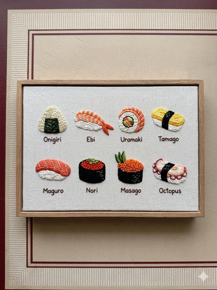 Beginner friendly  Sushi Sushi Embroidery Kit with Video tutorial (foodie, Japan, wall art)