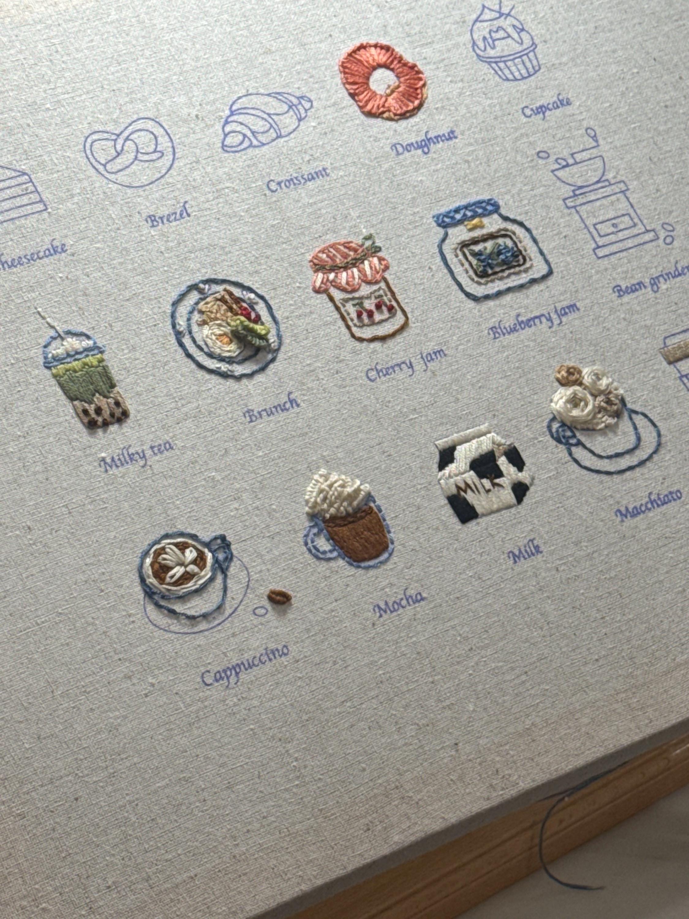 Embroidery Kit: Beginner Friendly Afternoon Pastries, Coffee, Jams (Includes Frame)