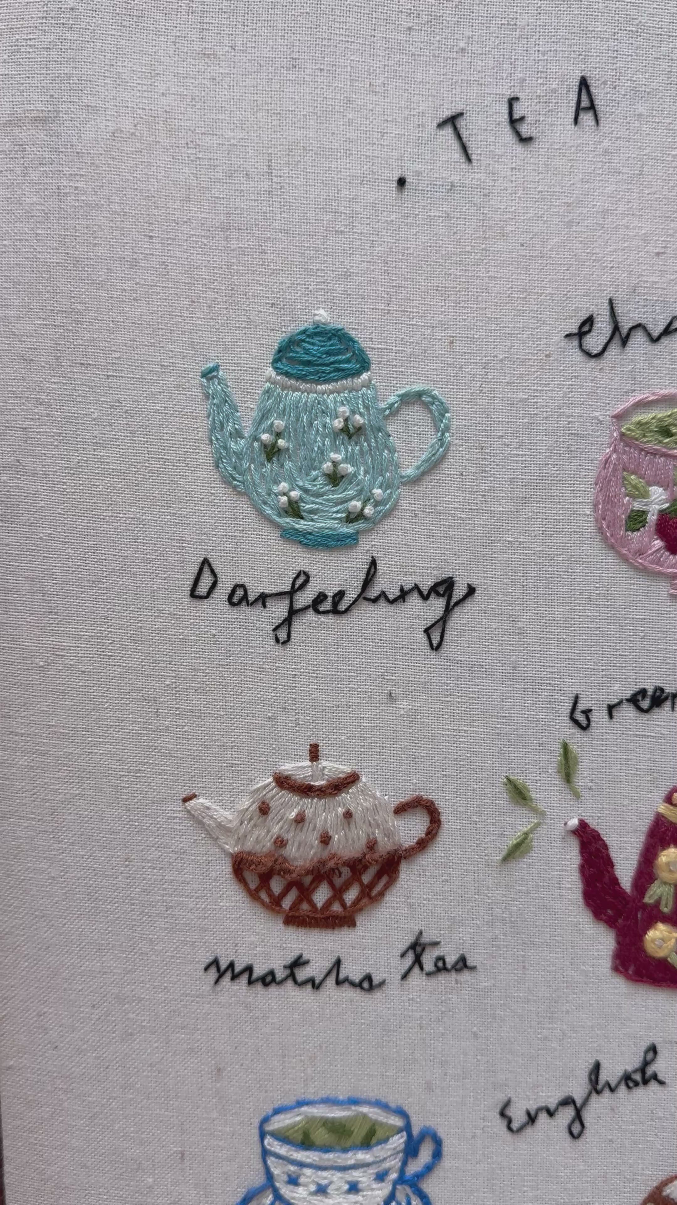 Tea Time Embroidery Kit, Beginner Friendly, Includes Frame, Video Tutorial